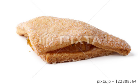Crispy pastry filled with sweet fruit jam on a white background ready for enjoyment 122888564