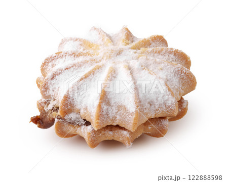 Traditional sweet pastry filled with nuts and covered in powdered sugar at a local bakery in the afternoon Traditional sweet pastry filled with nuts and covered in powdered sugar at a local bakery in the afternoon 122888598