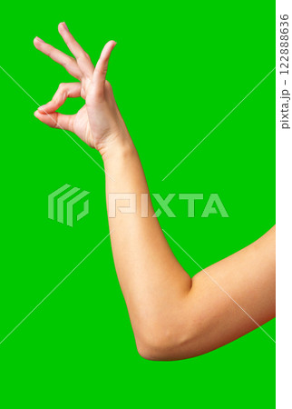 Hand making a gesture with green background in bright lighting during daylight hours Hand making a gesture with green background in bright lighting during daylight hours 122888636