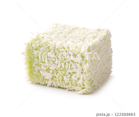Delightful cube of coconut confections with a hint of lime flavor on a plain background Delightful cube of coconut confections with a hint of lime flavor on a plain background 122888663