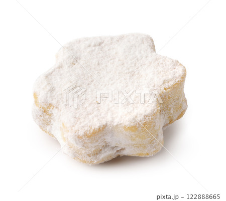 Delicious snowflake-shaped cookie dusted in powdered sugar ready to be enjoyed during the holiday season 122888665