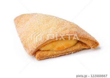Delicious pastry filled with creamy vanilla custard on a plain background Delicious pastry filled with creamy vanilla custard on a plain background 122888667