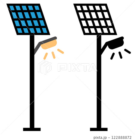Solar panel in street lamp. Street light sign. Solar panel lighting system. flat style. 122888872