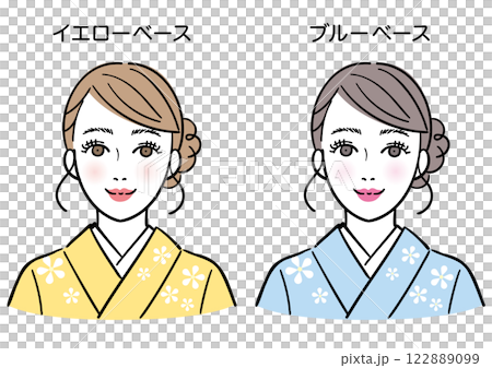 イエローベースとブルーベース　着物を着た女性 122889099