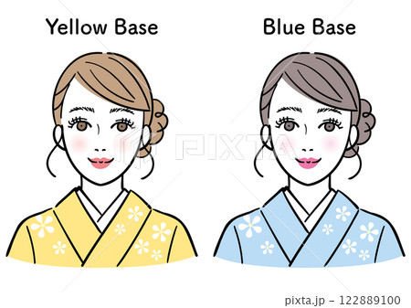 イエローベースとブルーベース　着物を着た女性 122889100