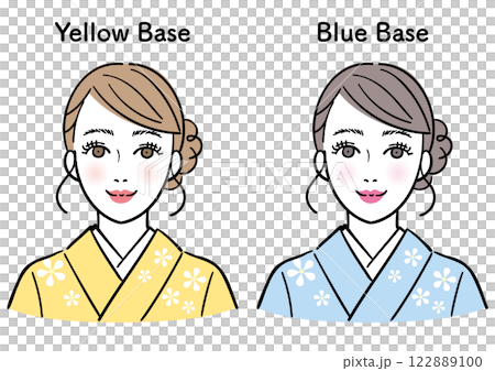 イエローベースとブルーベース　着物を着た女性 122889100