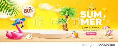 Summer sale podium display, Pink flamingo inflatable swimming pool, coconut trees 122889466