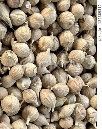 Close up of a pile of dried garlic in a market stall 122889519