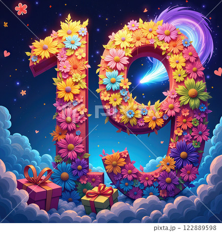 Vibrant 19th birthday illustration. 122889598