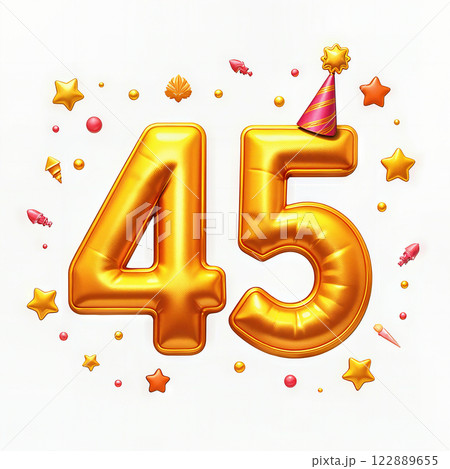 Gold balloons spelling 45 with a party hat. 122889655
