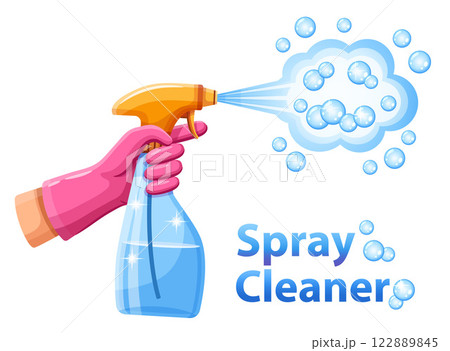 Spray cleaner bottle in hand, water spraying, liquid clean chemical sprayer detergent, house bathroom cleaning, wash window glass. Protective glove. Disinfection antiseptic. Soap foam aerosol. Vector Spray cleaner bottle in hand, water spraying, liquid clean chemical sprayer detergent, house bathroom cleaning, wash window glass. Protective glove. Disinfection antiseptic. Soap foam aerosol. Vector 122889845