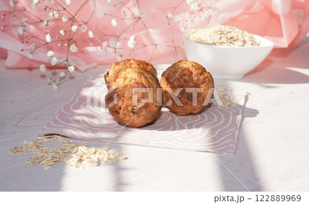 Homemade Oatmeal cake with bright background. Homemade Oatmeal cake with bright background. 122889969