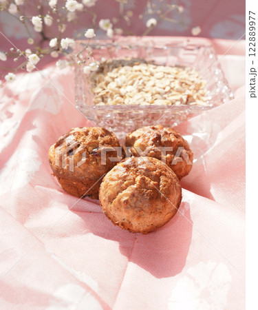 Homemade Oatmeal cake with bright background. Homemade Oatmeal cake with bright background. 122889977