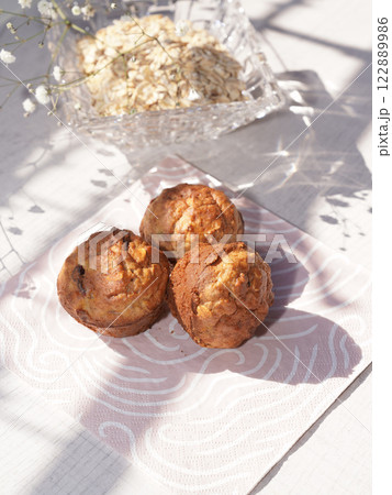 Homemade Oatmeal cake with bright background. 122889986