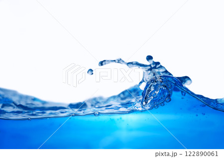 Closeup view of dynamic flowing blue water waves on white background. Liquid splash. Texture and abstract background Closeup view of dynamic flowing blue water waves on white background. Liquid splash. Texture and abstract background 122890061