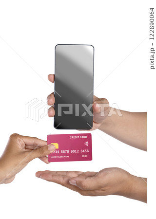 A human hand showing a credit card and mobile phone screen isolated over a white background. Blank screen for copy space. Mockup. Concept of technology, shopping, or banking A human hand showing a credit card and mobile phone screen isolated over a white background. Blank screen for copy space. Mockup. Concept of technology, shopping, or banking 122890064