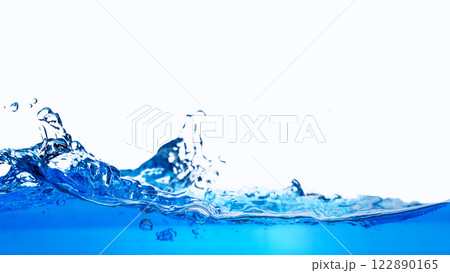 Closeup view of dynamic flowing blue water waves on white background. Liquid splash. Texture and abstract background Closeup view of dynamic flowing blue water waves on white background. Liquid splash. Texture and abstract background 122890165