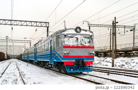 Typical soviet-built electric commuter train in winter in Kyiv, the capital of Ukraine Typical soviet-built electric commuter train in winter in Kyiv, the capital of Ukraine 122890342