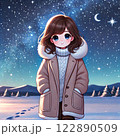 雪道を星を見ながら歩く女性 122890509