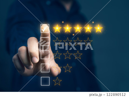 Businessman touching glowing yellow five stars for excellent evaluation after customer use product service. Customer review: good rating concept. feedback and positive customer reviews. Businessman touching glowing yellow five stars for excellent evaluation after customer use product service. Customer review: good rating concept. feedback and positive customer reviews. 122890512