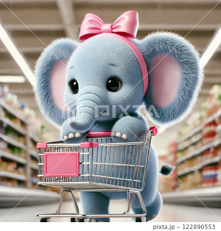 買い物カートを押して買い物する水色の象 122890553