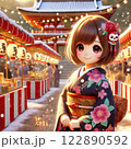 神社で屋台を見ている着物を着た若い女性 122890592