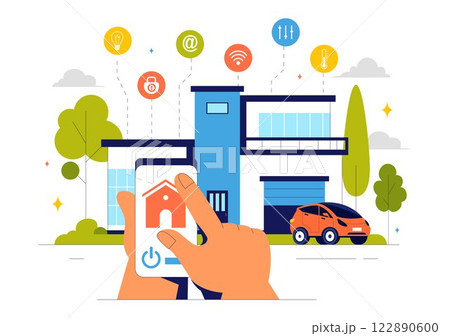 Home Automation Vector Illustration featuring a Smart Home Controlled via Smartphone with an Integrated System of Electronic Devices in a Background 122890600