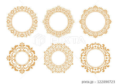 Set of decorative frames Elegant vector element for design in Eastern style, place for text. Floral golden and white borders. Lace illustration for invitations and greeting cards Set of decorative frames Elegant vector element for design in Eastern style, place for text. Floral golden and white borders. Lace illustration for invitations and greeting cards 122890723