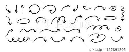 Hand drawn curved and straight arrow set. Black grunge sketch arrow collection. Doodle sketched pointers and direction lines. Wavy and zigzag brush stroke bundle for flyer, poster, brochure. Vector Hand drawn curved and straight arrow set. Black grunge sketch arrow collection. Doodle sketched pointers and direction lines. Wavy and zigzag brush stroke bundle for flyer, poster, brochure. Vector 122891205