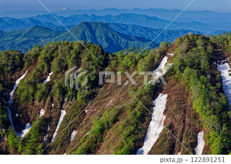 谷川岳・西黒尾根の登りから見る新緑の天神尾根と富士山遠望 122891251