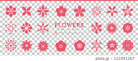 一組可愛的花朵圖標，包括櫻花、梅花、紫羅蘭和三色堇。 122891267