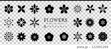 一組可愛的花朵圖標，包括櫻花、梅花、紫羅蘭和三色堇。 122891269