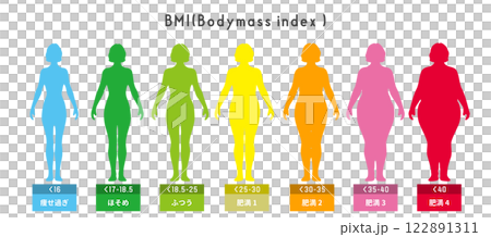 女性の体型とBMI分類の比較イラストセット シルエット付き全身図 女性の体型とBMI分類の比較イラストセット シルエット付き全身図 122891311