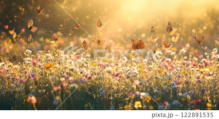 Monarch butterflies flying over blooming wildflowers in spring meadow at sunset 122891535