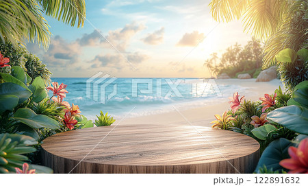 Summer product display on a wooden podium with a dreamy beach background, 3D rendering 122891632