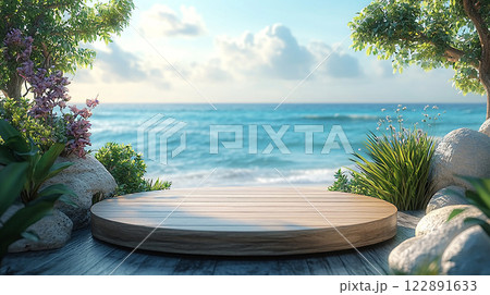 Summer product display on a wooden podium with a dreamy beach background, 3D rendering 122891633