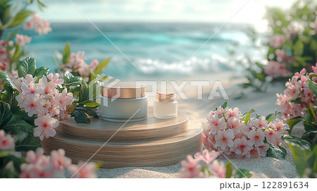 3D rendering of summer products on a wooden pedestal, with a soft-focus beach scene 122891634