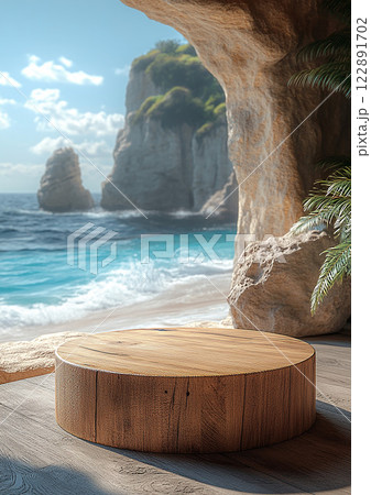 Product display on a wooden stand with a dreamy beach background, high-resolution 3D rendering 122891702