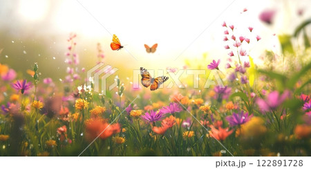 Butterflies flying over colorful wildflowers in...のイラスト素材 [122891728 ...