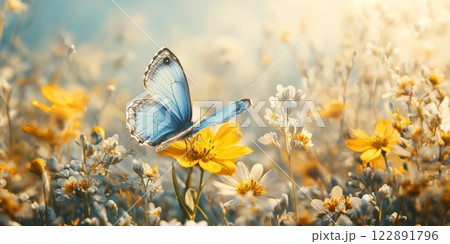 Blue butterfly gently landing on vibrant yellow wildflower in spring meadow 122891796