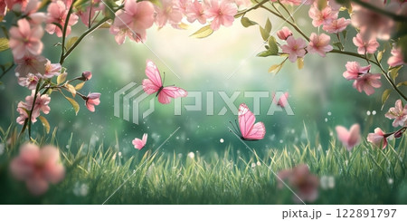 Pink butterflies flying in a meadow with blooming cherry blossoms in spring 122891797