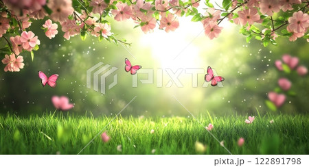 Butterflies flying over blooming meadow in spring sunlight 122891798