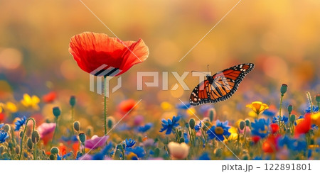 Monarch butterfly flying over poppy flower in vibrant spring meadow 122891801