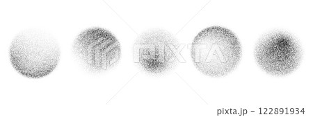 Black round stippled gradient collection. Grunge circle dotted shadow set. Radial noise texture brush pack. Halftone grainy sand diffuse shape bundle. Round spray patterns. Vector dot work forms Black round stippled gradient collection. Grunge circle dotted shadow set. Radial noise texture brush pack. Halftone grainy sand diffuse shape bundle. Round spray patterns. Vector dot work forms 122891934