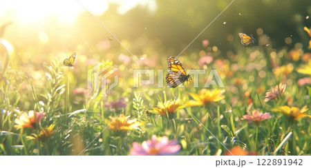 Butterflies flying over colorful wildflowers in spring meadow at sunset 122891942