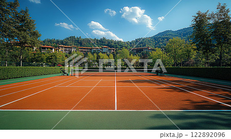 World-class competition tennis court, large, high-quality wide-angle shot 122892096