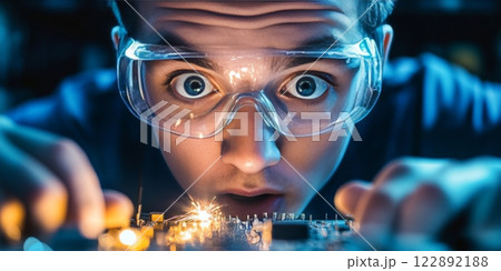 Electrician making a short circuit while repairing electronic circuit board 122892188