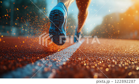 High-quality photorealistic runner breaking through finish line tape, blurred track in the background 122892287