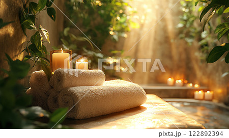 Spa setting with candles, towels, and skincare products, high-resolution, focused on relaxation and self-care advertising 122892394