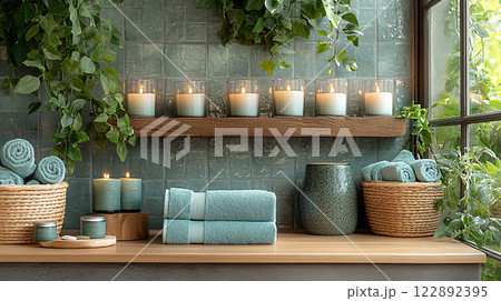 Serene spa ambiance with candles, towels, and skin care items, high-resolution image for promoting relaxation 122892395